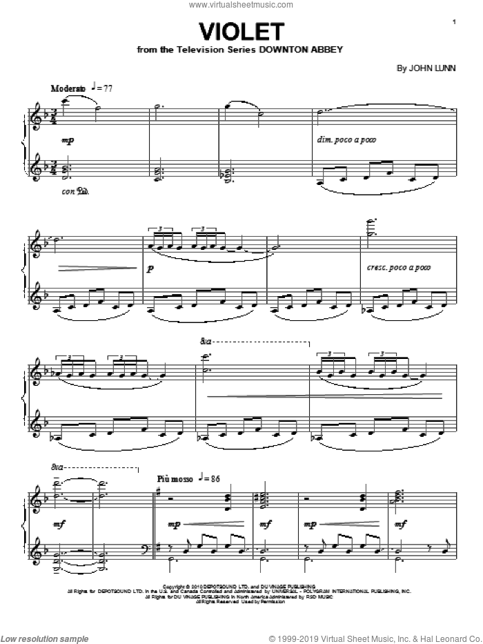 Violet sheet music for piano solo by John Lunn and Downton Abbey (TV Show), intermediate skill level