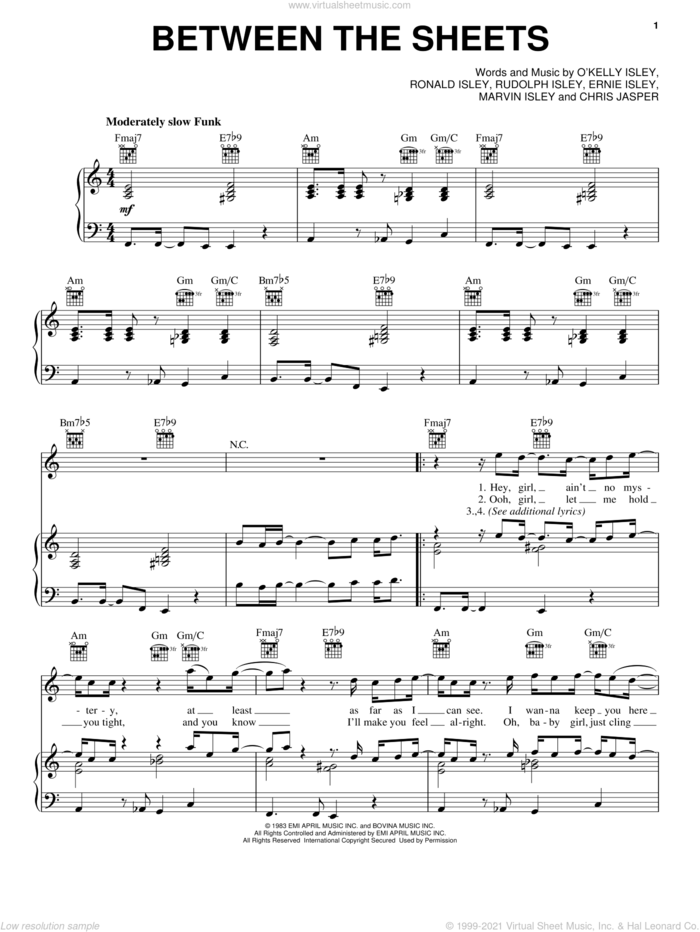Between The Sheets sheet music for voice, piano or guitar by The Isley Brothers, Chris Jasper, Ernie Isley, Marvin Isley, O Kelly Isley, Ronald Isley and Rudolph Isley, intermediate skill level