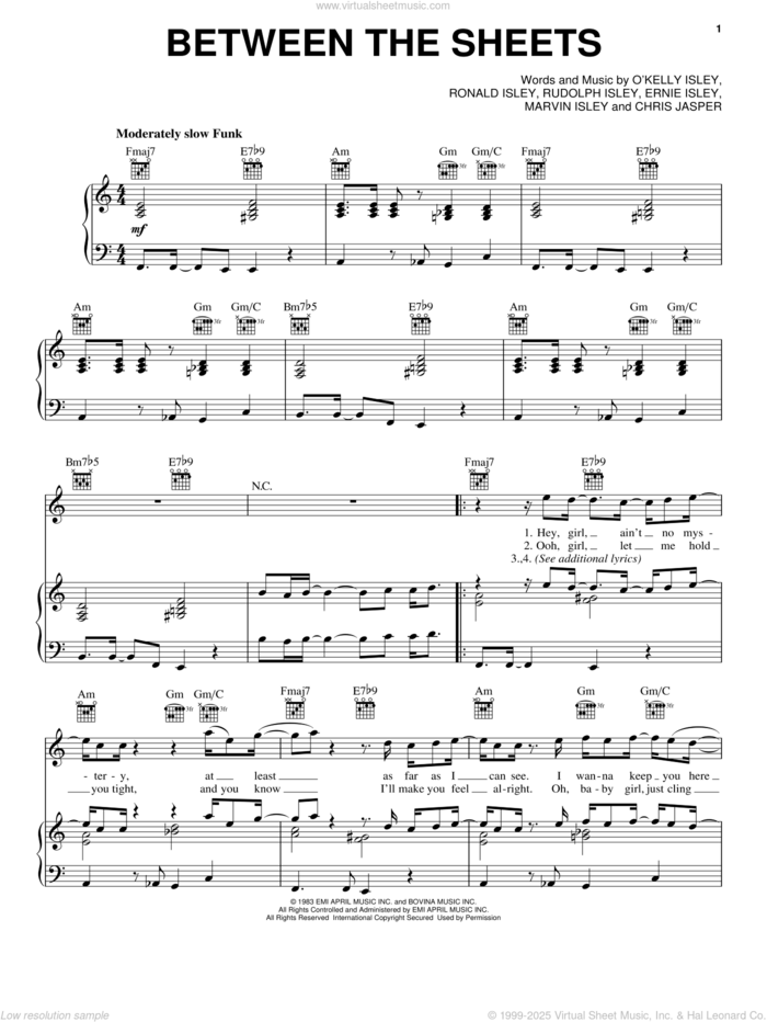 Between The Sheets sheet music for voice, piano or guitar by The Isley Brothers, Chris Jasper, Ernie Isley, Marvin Isley, O Kelly Isley, Ronald Isley and Rudolph Isley, intermediate skill level