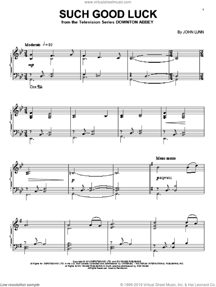 Such Good Luck (from Downton Abbey), (intermediate) sheet music for piano solo by John Lunn and Downton Abbey (TV Show), wedding score, intermediate skill level