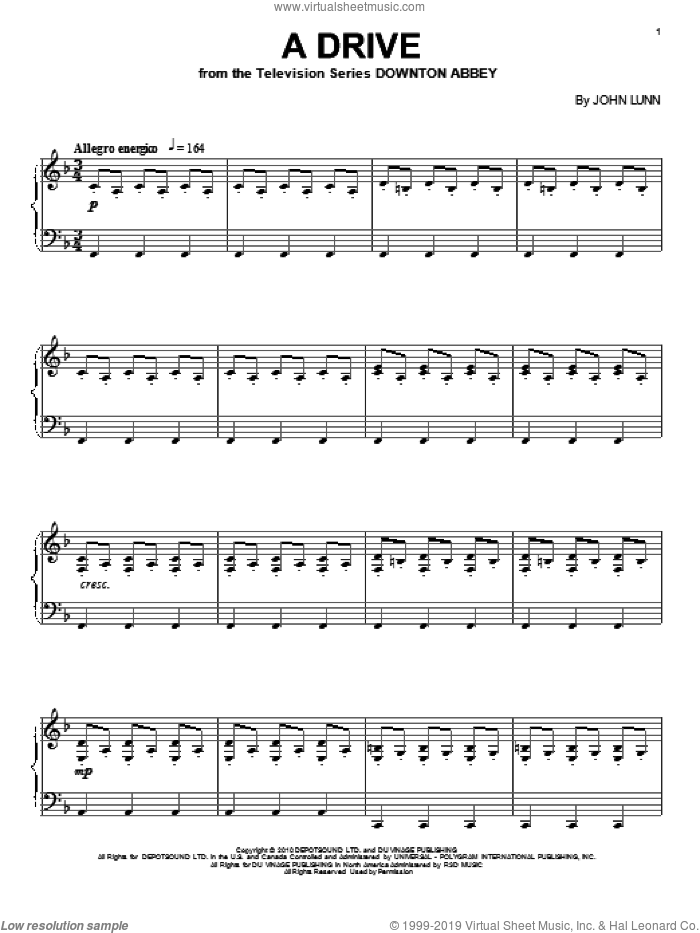 A Drive sheet music for piano solo by John Lunn and Downton Abbey (TV Show), intermediate skill level