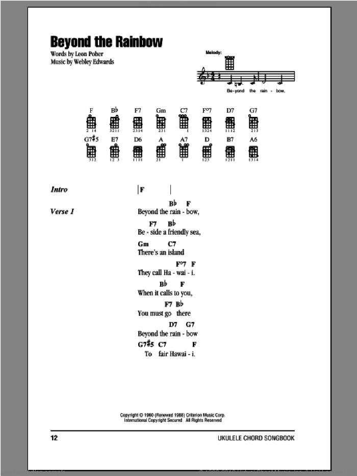 Beyond The Rainbow sheet music for ukulele (chords) by Webley Edwards and Leon Pober, intermediate skill level
