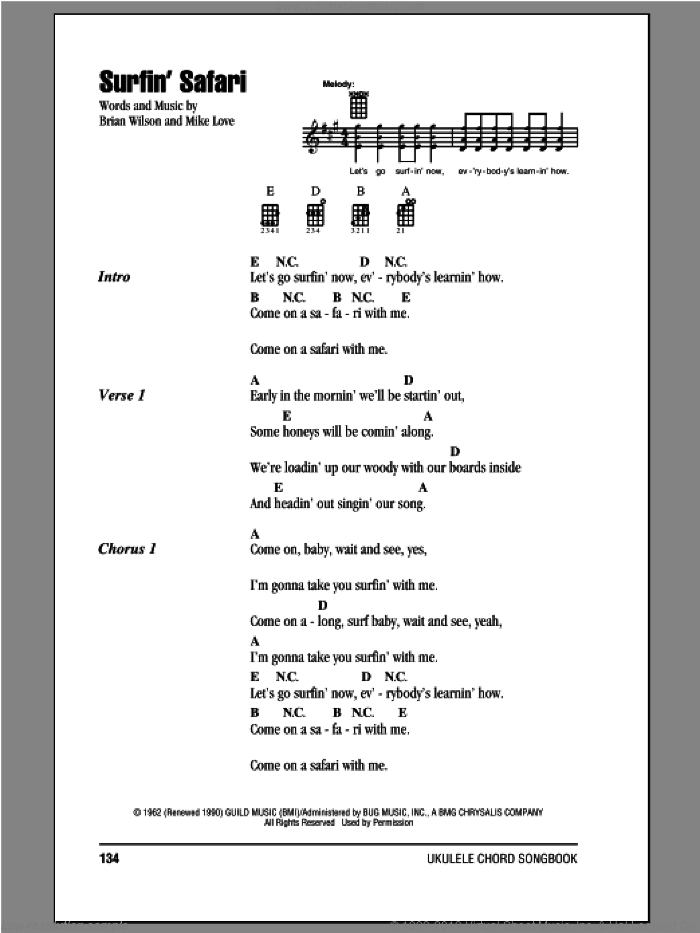 Surfin' Safari sheet music for ukulele (chords) by The Beach Boys, intermediate skill level