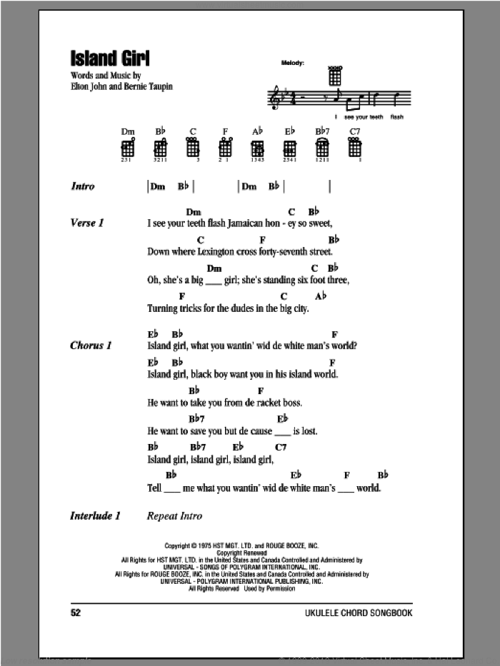 Island Girl sheet music for ukulele (chords) by Elton John and Bernie Taupin, intermediate skill level