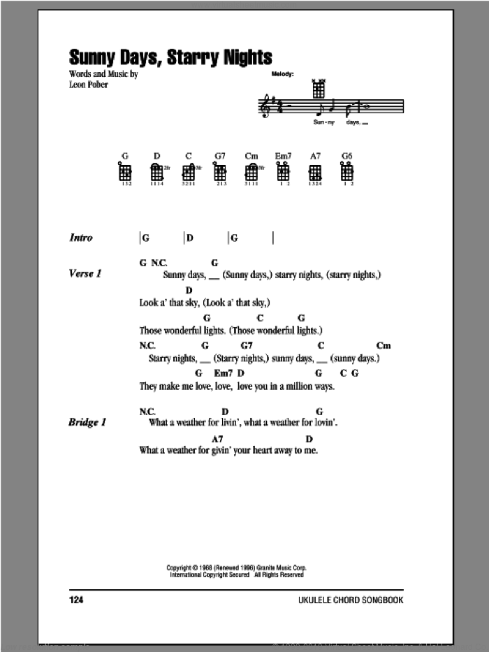 Sunny Days, Starry Nights sheet music for ukulele (chords) by Leon Pober, intermediate skill level