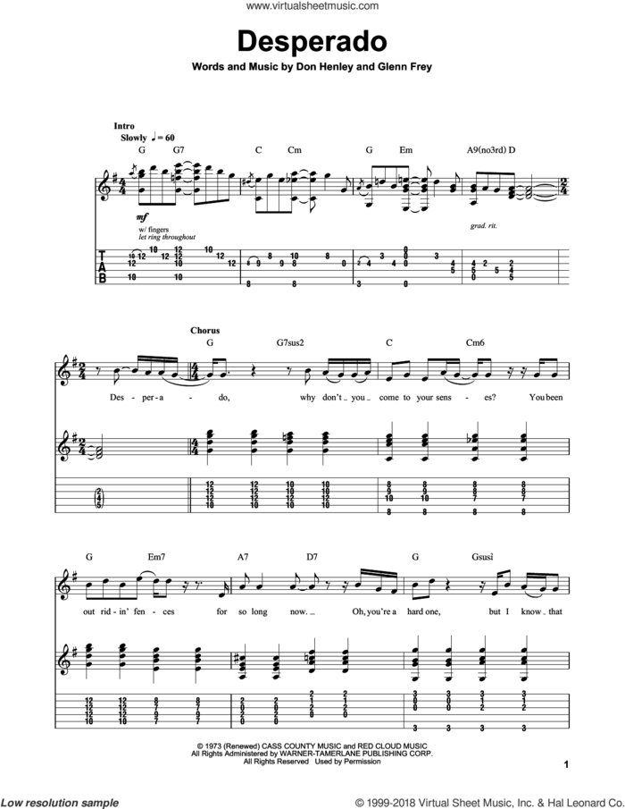 Desperado sheet music for guitar (tablature, play-along) by The Eagles, Don Henley and Glenn Frey, intermediate skill level