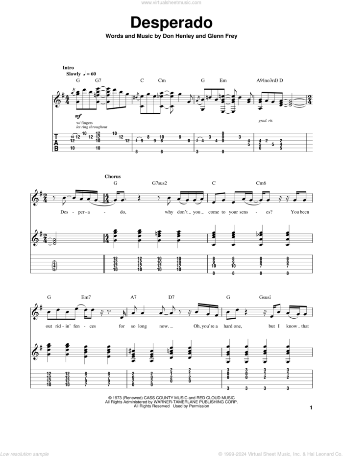 Desperado sheet music for guitar (tablature, play-along) by The Eagles, Don Henley and Glenn Frey, intermediate skill level