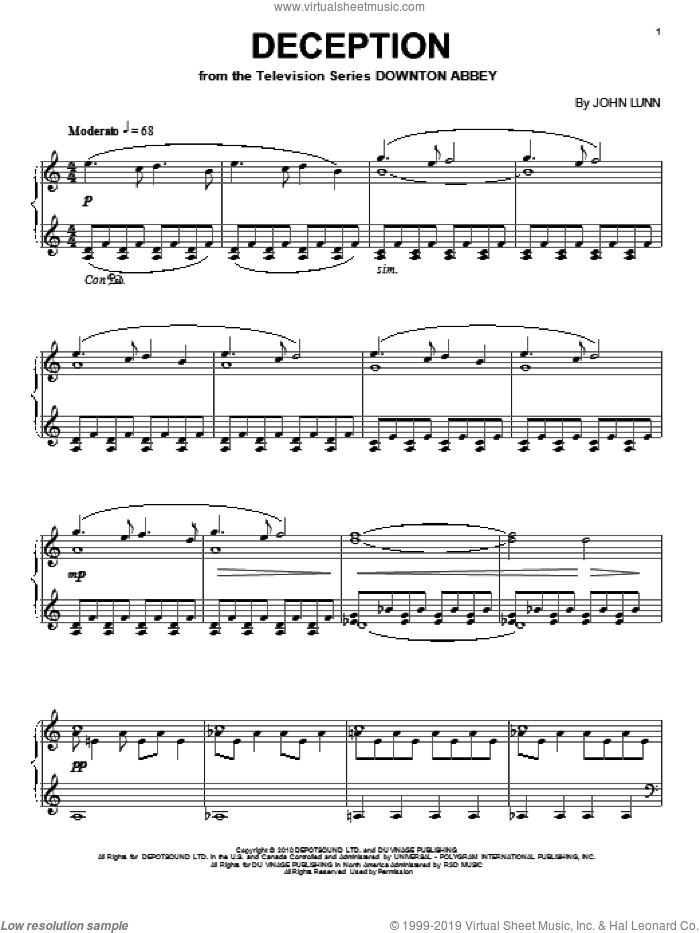 Deception sheet music for piano solo by John Lunn and Downton Abbey (TV Show), intermediate skill level