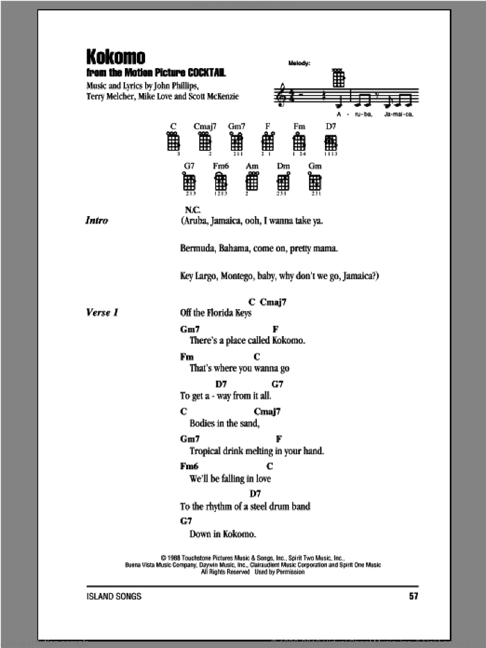 Kokomo sheet music for ukulele (chords) by The Beach Boys, intermediate skill level