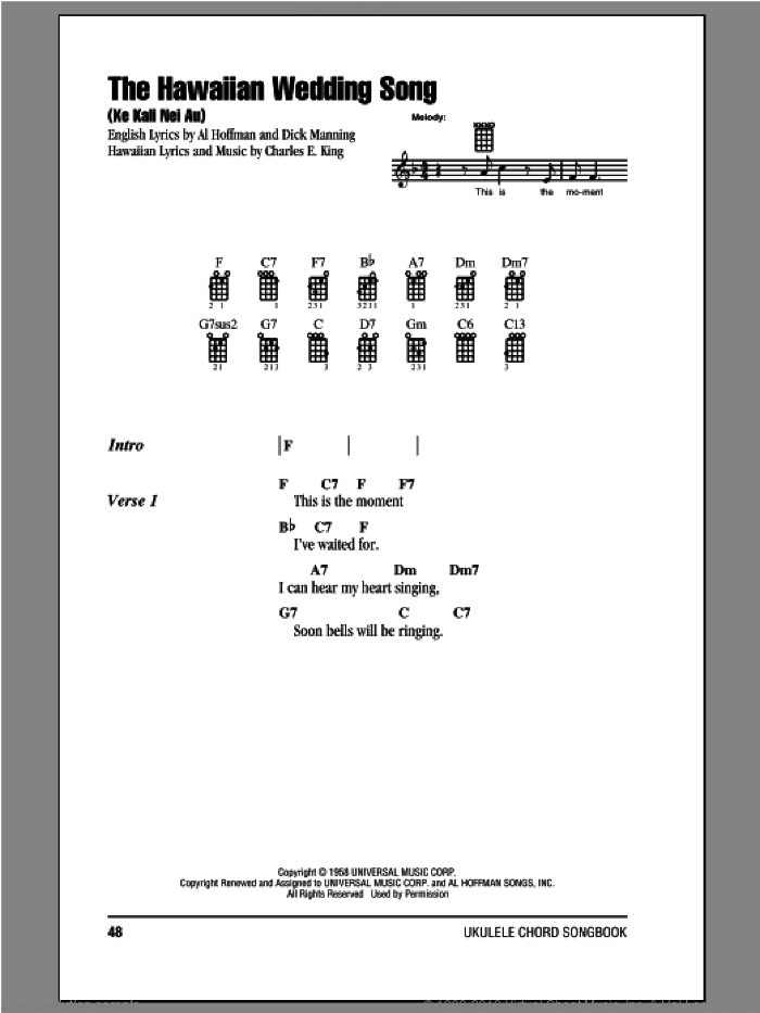 The Hawaiian Wedding Song (Ke Kali Nei Au) sheet music for ukulele (chords) by Andy Williams and Elvis Presley, intermediate skill level