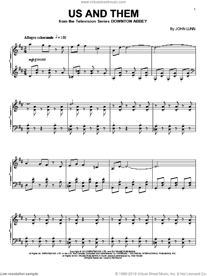 Us And Them sheet music for piano solo by John Lunn and Downton Abbey (TV Show), intermediate skill level