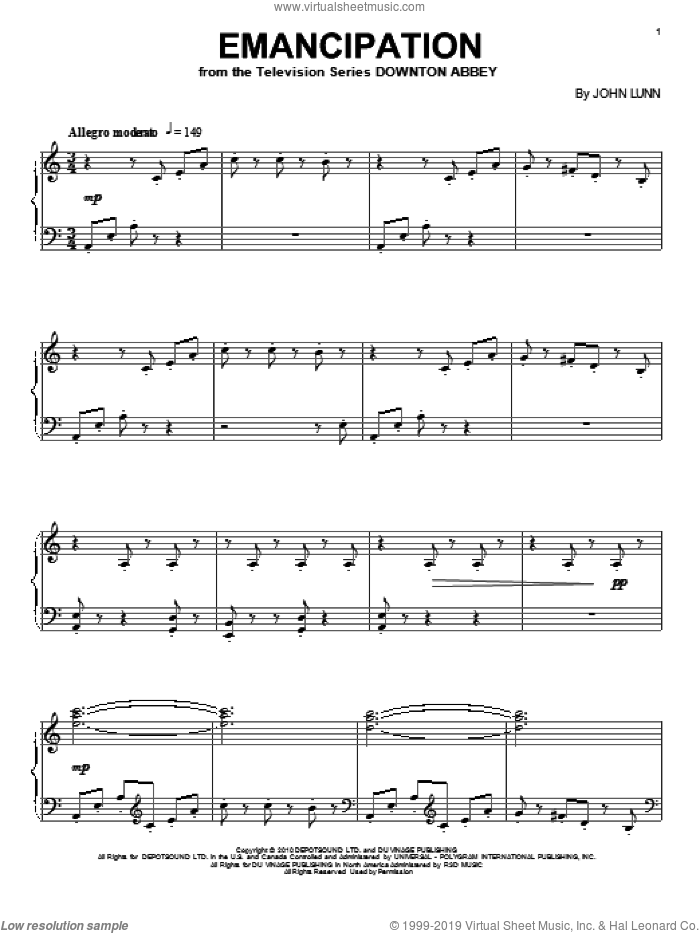 Emancipation sheet music for piano solo by John Lunn and Downton Abbey (TV Show), intermediate skill level