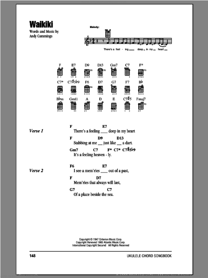 Waikiki sheet music for ukulele (chords) by Andy Cummings, intermediate skill level