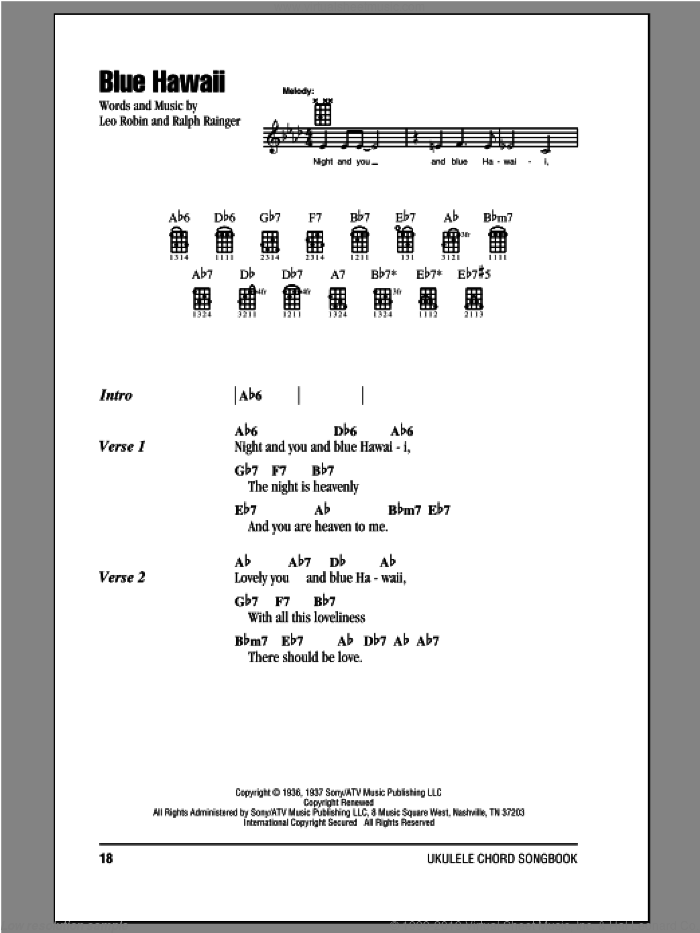 Blue Hawaii sheet music for ukulele (chords) by Elvis Presley, Billy Vaughn, Leo Robin and Ralph Rainger, intermediate skill level