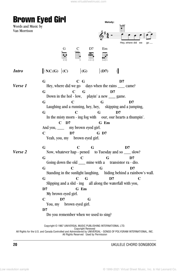 Brown Eyed Girl sheet music for ukulele (chords) by Van Morrison, intermediate skill level