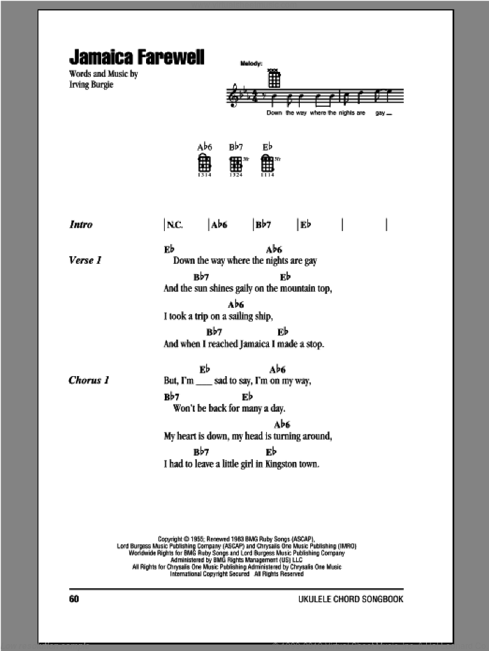Jamaica Farewell sheet music for ukulele (chords) by Harry Belafonte and Irving Burgie, intermediate skill level