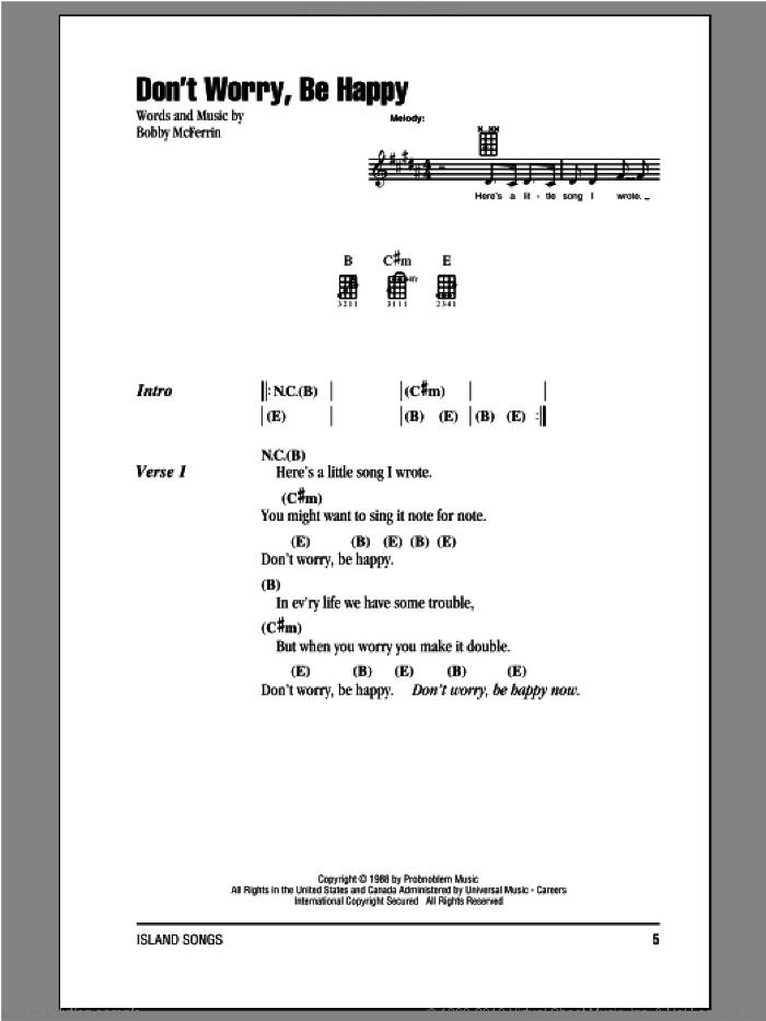 Don't Worry, Be Happy sheet music for ukulele (chords) by Bobby McFerrin, intermediate skill level