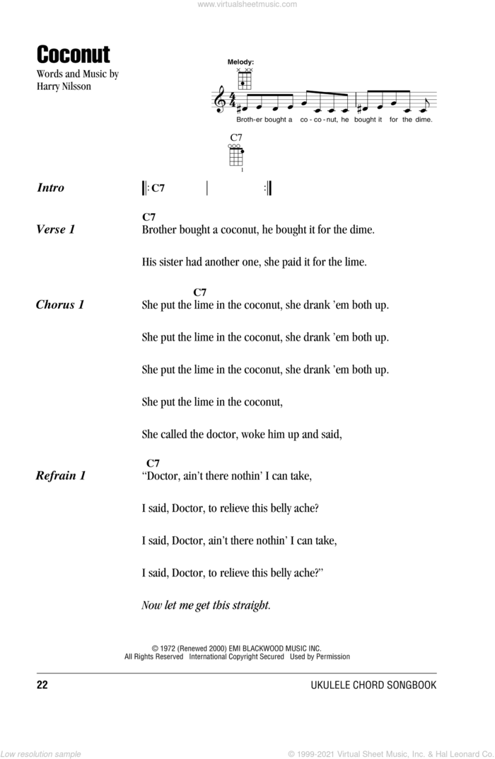 Coconut sheet music for ukulele (chords) by Nilsson and Harry Nilsson, intermediate skill level