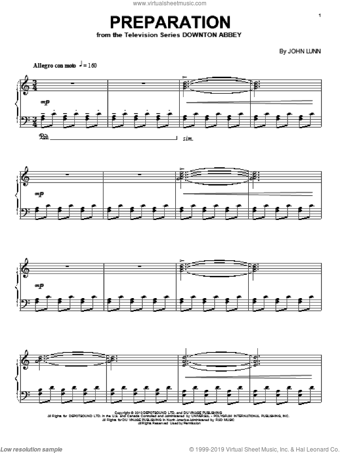 Preparation sheet music for piano solo by John Lunn and Downton Abbey (TV Show), intermediate skill level