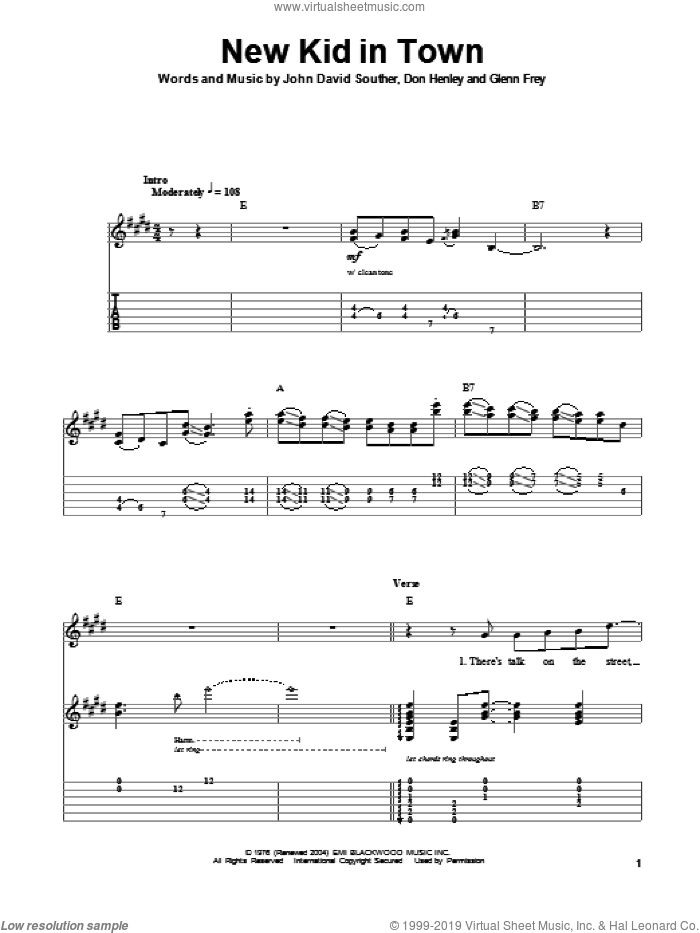 New Kid In Town sheet music for guitar (tablature, play-along) by The Eagles, Don Henley, Glenn Frey and John David Souther, intermediate skill level
