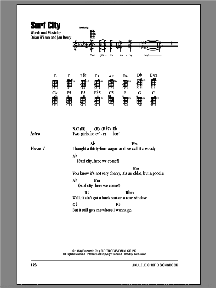 Surf City sheet music for ukulele (chords) by Jan & Dean, Brian Wilson and Jan Berry, intermediate skill level