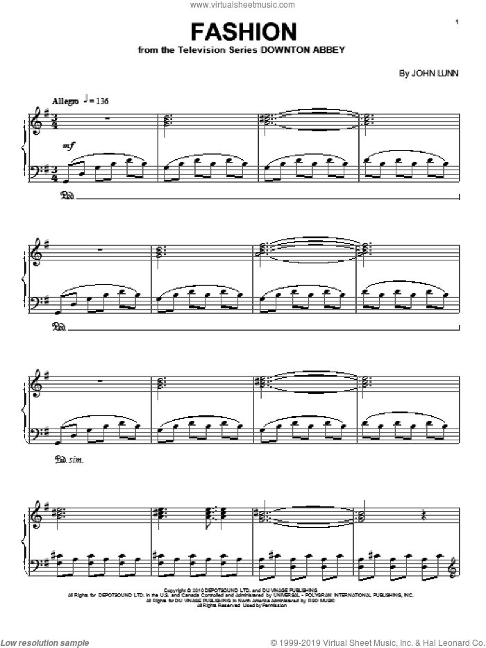 Fashion, (intermediate) sheet music for piano solo by John Lunn and Downton Abbey (TV Show), intermediate skill level