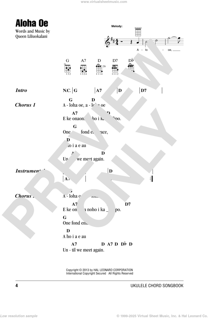 Aloha Oe sheet music for ukulele (chords) by Queen Liliuokalani, intermediate skill level