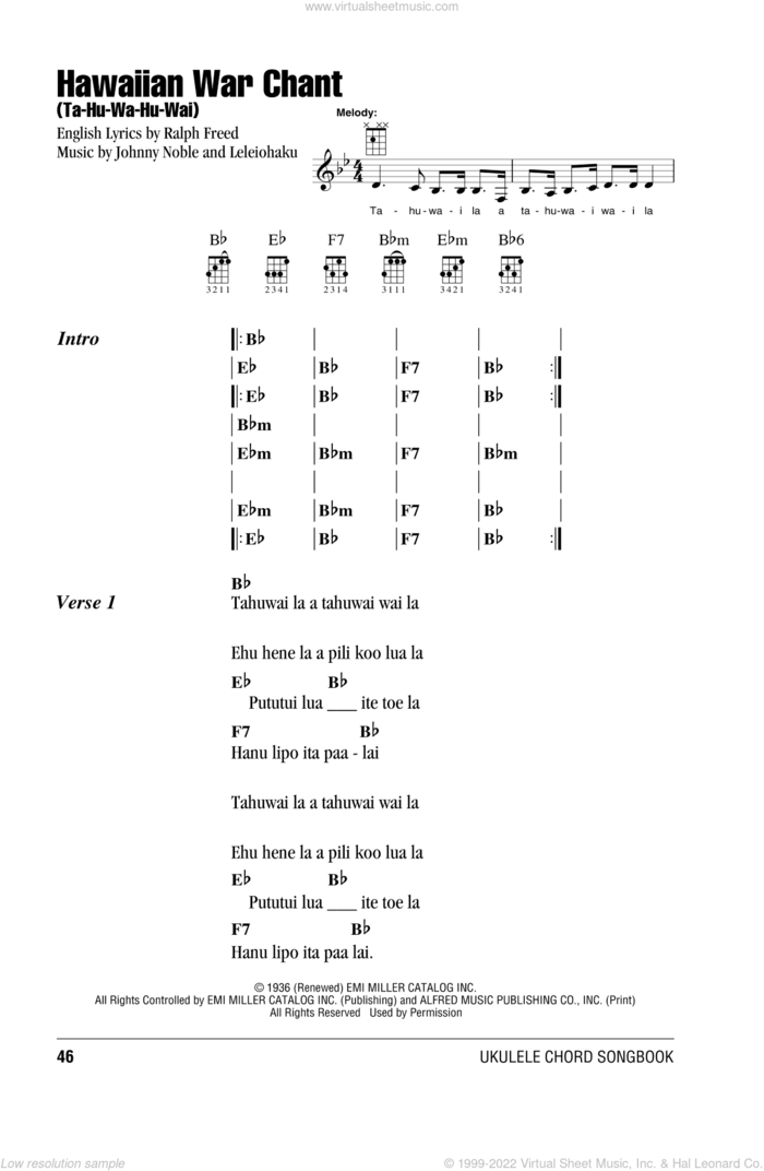 Hawaiian War Chant (Ta-Hu-Wa-Hu-Wai) sheet music for ukulele (chords) by Bob Wills & His Texas Playboys, Johnny Noble, Leleiohaku and Ralph Freed, intermediate skill level