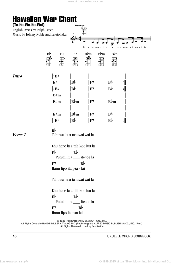 Hawaiian War Chant (Ta-Hu-Wa-Hu-Wai) sheet music for ukulele (chords) by Bob Wills & His Texas Playboys, Johnny Noble, Leleiohaku and Ralph Freed, intermediate skill level