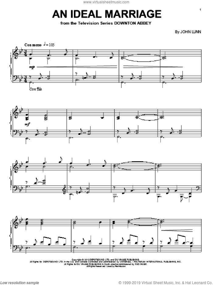 An Ideal Marriage sheet music for piano solo by John Lunn and Downton Abbey (TV Show), intermediate skill level