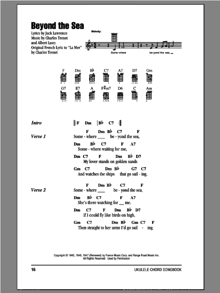 Beyond The Sea sheet music for ukulele (chords) by Bobby Darin, Albert Lasry, Charles Trenet, Jack Lawrence and Roger Williams, intermediate skill level