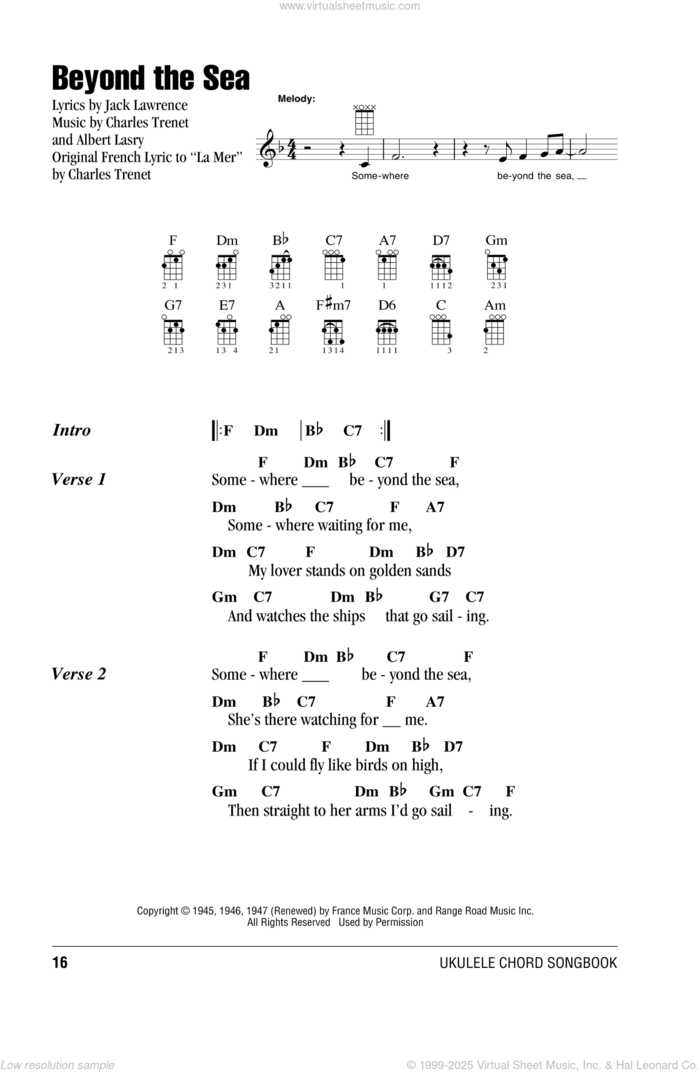 Beyond The Sea sheet music for ukulele (chords) by Bobby Darin, Albert Lasry, Charles Trenet, Jack Lawrence and Roger Williams, intermediate skill level
