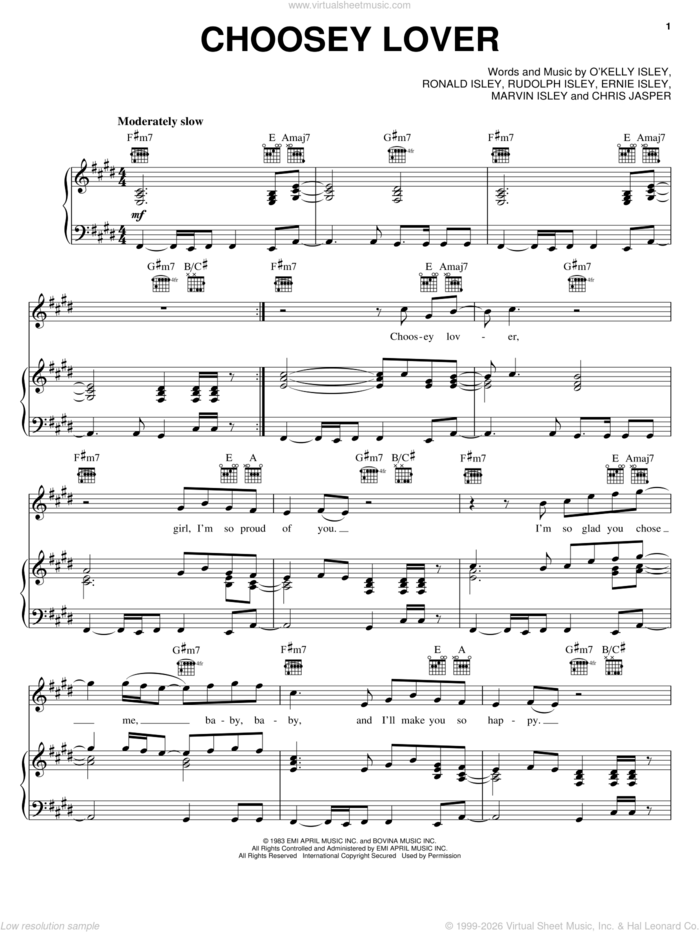 Choosey Lover sheet music for voice, piano or guitar by The Isley Brothers, Chris Jasper, Ernie Isley, Marvin Isley, O Kelly Isley, Ronald Isley and Rudolph Isley, intermediate skill level