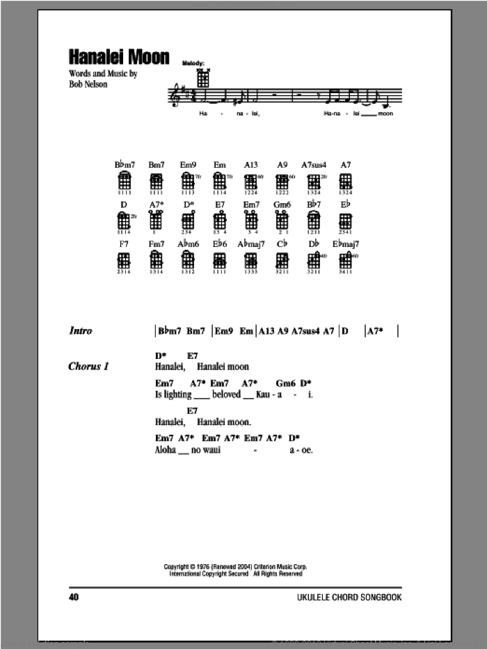 Hanalei Moon sheet music for ukulele (chords) by Bob Nelson, intermediate skill level