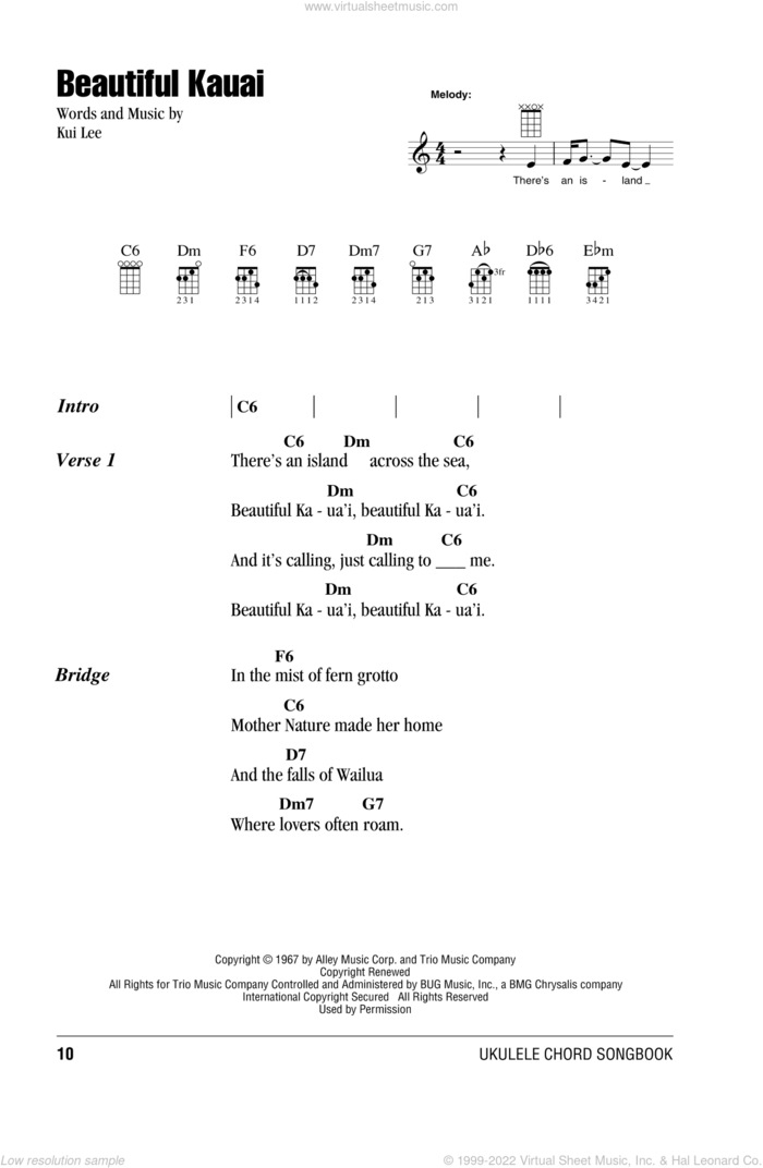 Beautiful Kauai sheet music for ukulele (chords) by Kui Lee, intermediate skill level