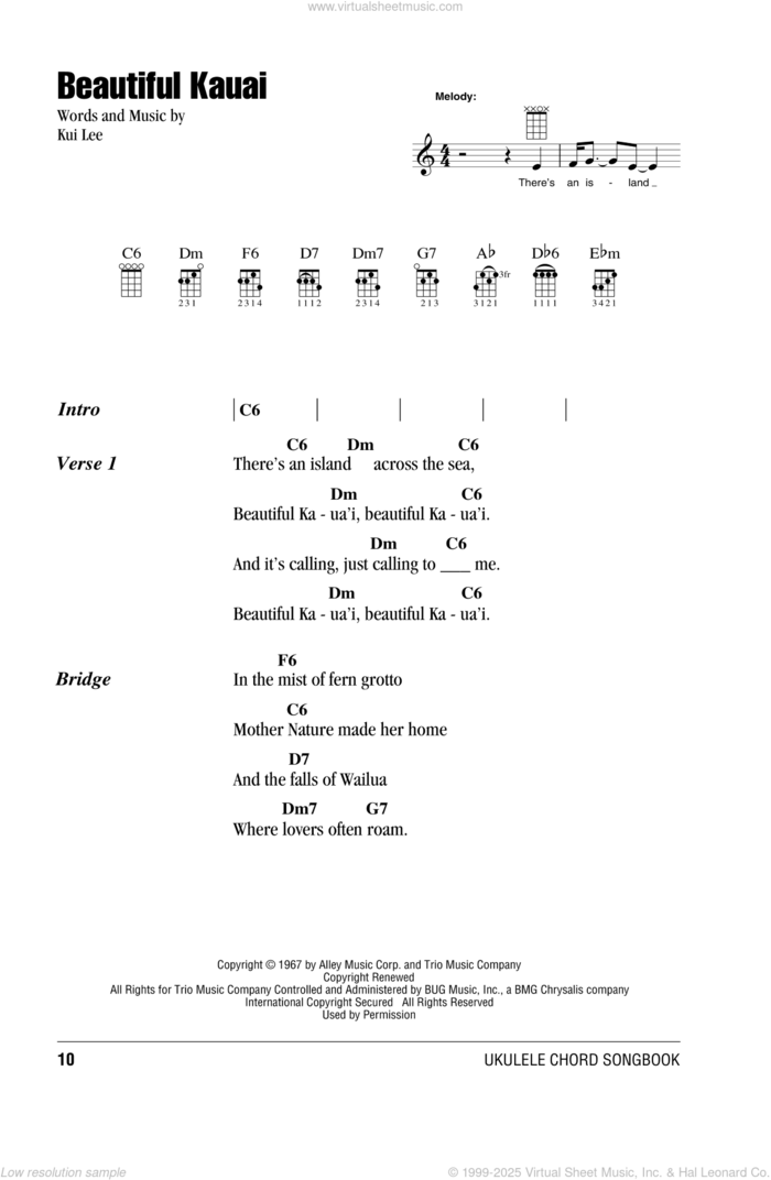 Beautiful Kauai sheet music for ukulele (chords) by Kui Lee, intermediate skill level