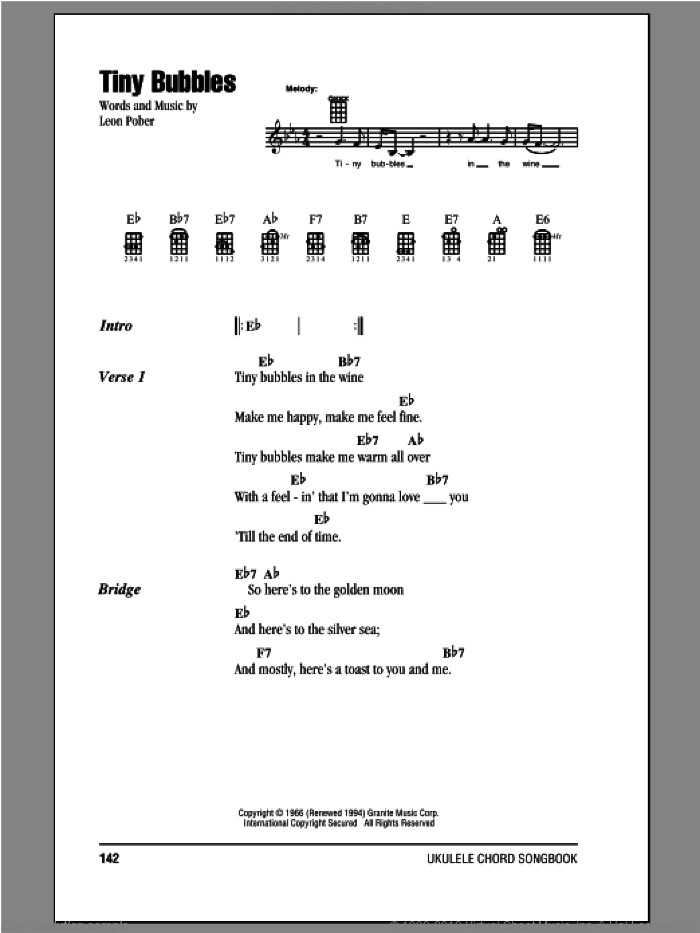 Tiny Bubbles sheet music for ukulele (chords) by Don Ho and Leon Pober, intermediate skill level