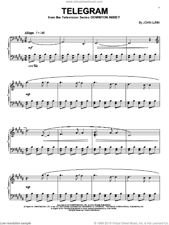 Telegram sheet music for piano solo by John Lunn and Downton Abbey (TV Show), intermediate skill level