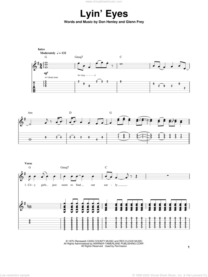 Lyin' Eyes sheet music for guitar (tablature, play-along) by The Eagles, intermediate skill level