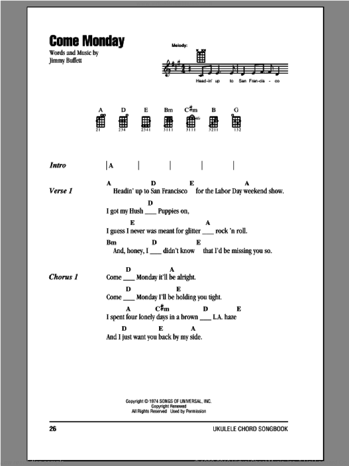 Come Monday sheet music for ukulele (chords) by Jimmy Buffett, intermediate skill level