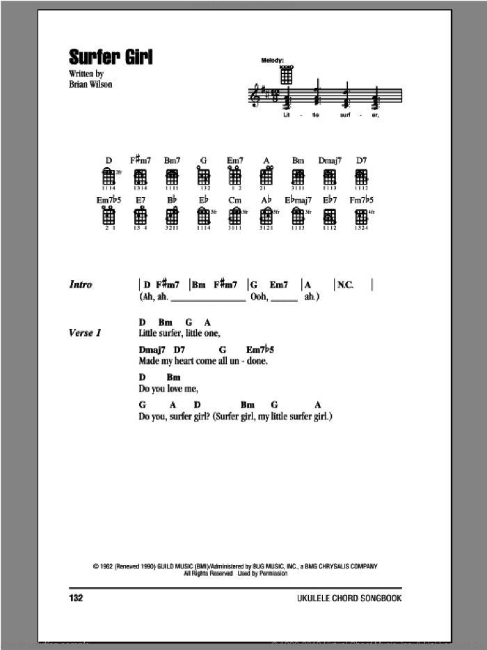 Surfer Girl sheet music for ukulele (chords) by The Beach Boys, intermediate skill level