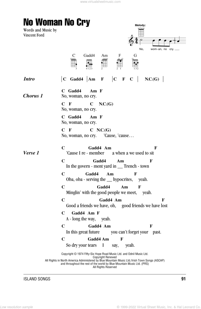 No Woman No Cry sheet music for ukulele (chords) by Bob Marley and Vincent Ford, intermediate skill level
