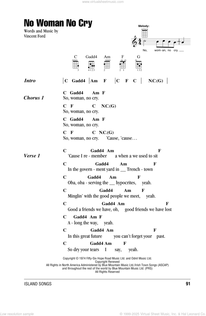 No Woman No Cry sheet music for ukulele (chords) by Bob Marley and Vincent Ford, intermediate skill level