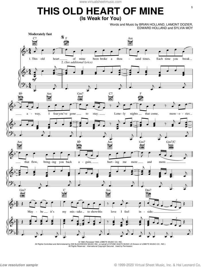 This Old Heart Of Mine (Is Weak For You) sheet music for voice, piano or guitar by The Isley Brothers, Rod Stewart, Brian Holland, Eddie Holland, Lamont Dozier and Sylvia Moy, intermediate skill level
