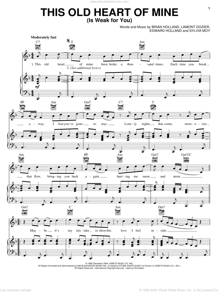 This Old Heart Of Mine (Is Weak For You) sheet music for voice, piano or guitar by The Isley Brothers, Rod Stewart, Brian Holland, Eddie Holland, Lamont Dozier and Sylvia Moy, intermediate skill level