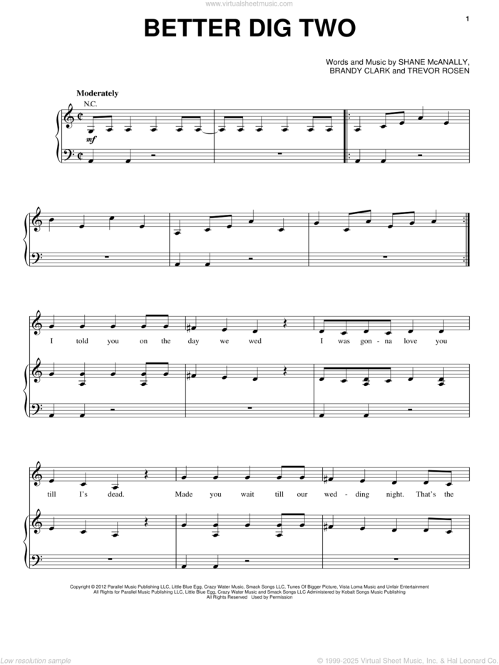 Better Dig Two sheet music for voice, piano or guitar by The Band Perry, Brandy Clark, Shane McAnally and Trevor Rosen, intermediate skill level