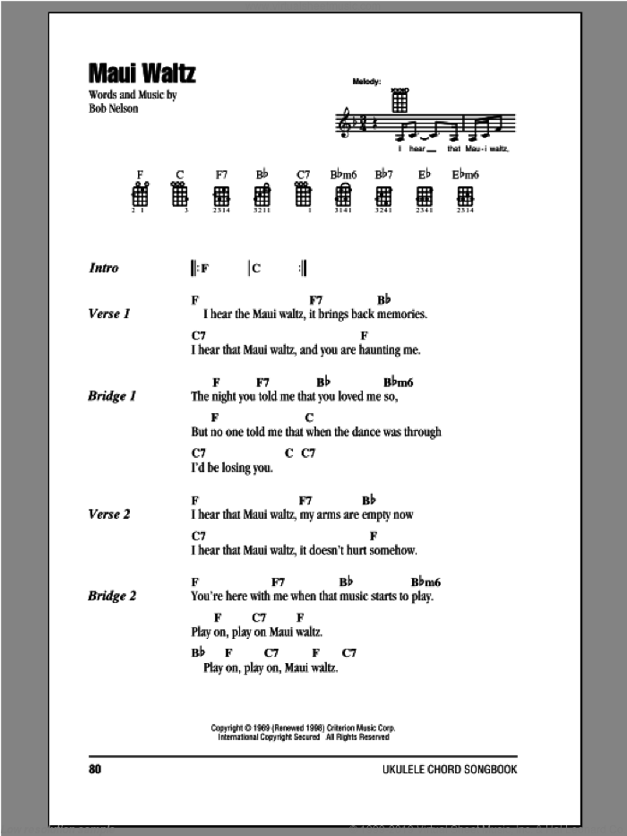Maui Waltz sheet music for ukulele (chords) by Bob Nelson, intermediate skill level