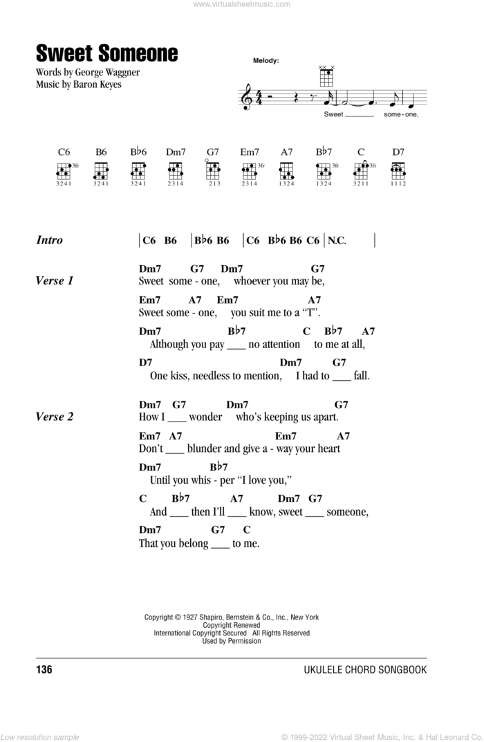 Sweet Someone sheet music for ukulele (chords) by Baron Keyes and George Waggner, intermediate skill level