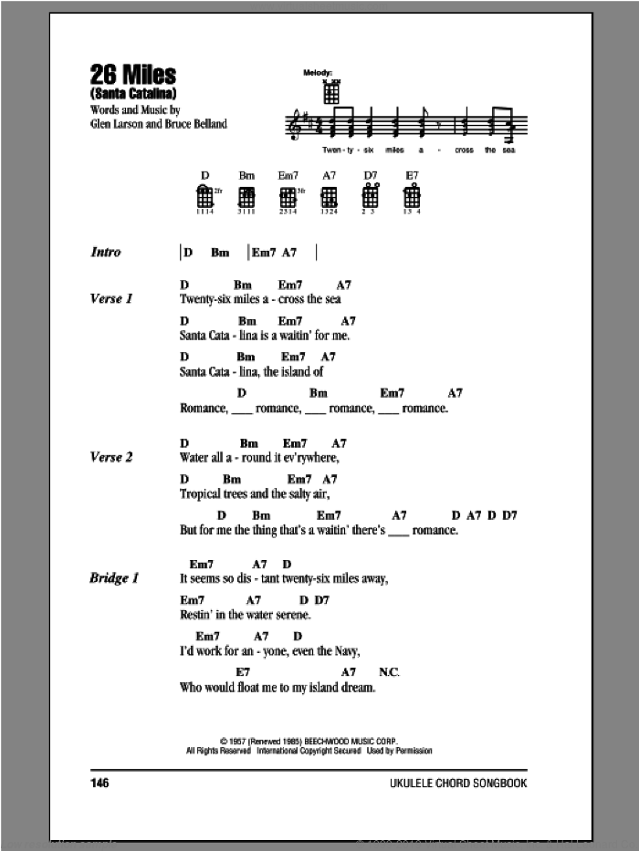 26 Miles (Santa Catalina) sheet music for ukulele (chords) by Four Preps, Bruce Belland and Glen Larson, intermediate skill level