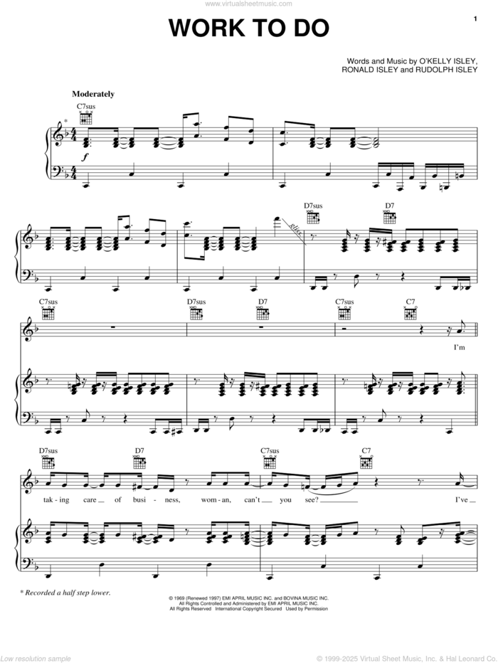 Work To Do sheet music for voice, piano or guitar by The Isley Brothers, Vanessa Williams, O Kelly Isley, Ronald Isley and Rudolph Isley, intermediate skill level